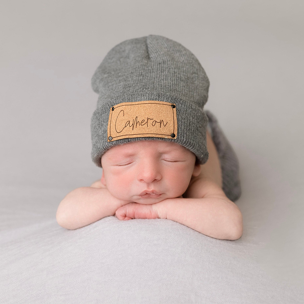 Personalized Leather Patch Baby Beanie Outfit Set | CWBaby84