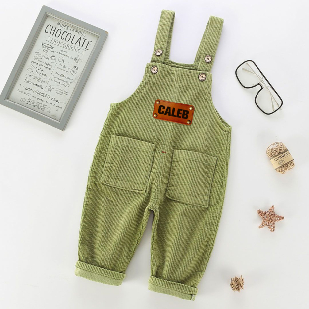 Personalized Leather Patch Corduroy Baby Suspenders Overalls | CWBaby468