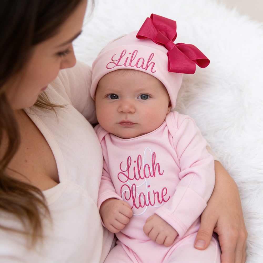 Personalized Embroidery Baby Girl Coming Home Romper and Hat Set | CWBaby479