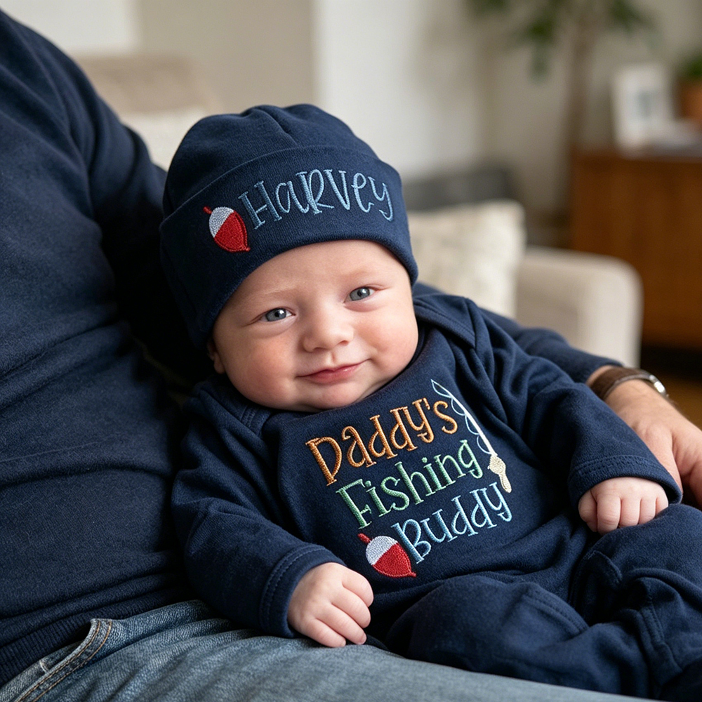 Personalized Embroidery Daddy's Fishing Buddy Romper and Hat Set | CWBaby481