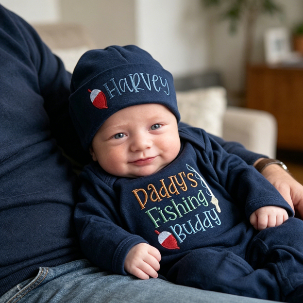 Personalized Embroidery Daddy's Fishing Buddy Romper and Hat Set | CWBaby481