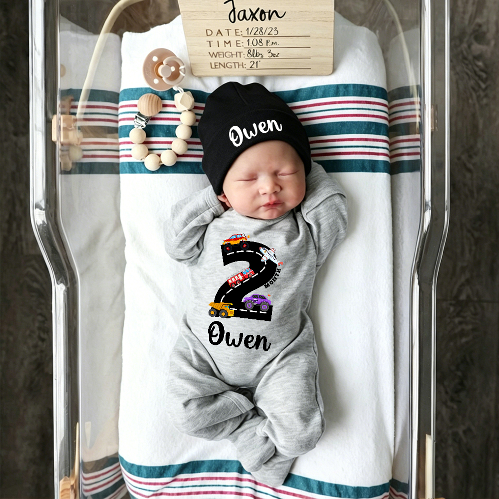 Personalized Baby Transportation Vehicle Romper With Hat Set | CWBaby497