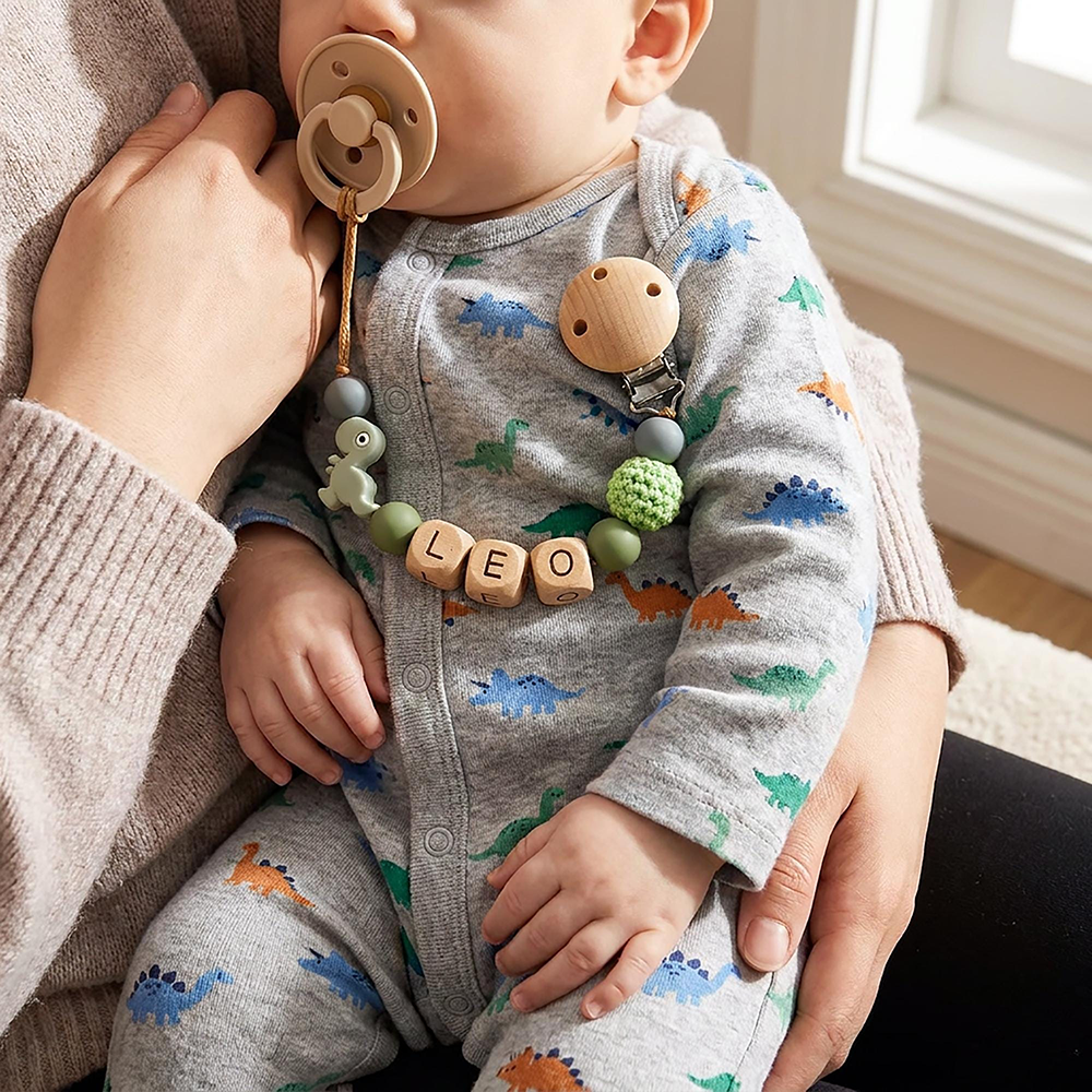 Personalized Baby Wooden Dinosaur Pacifier Clip | CWToy192