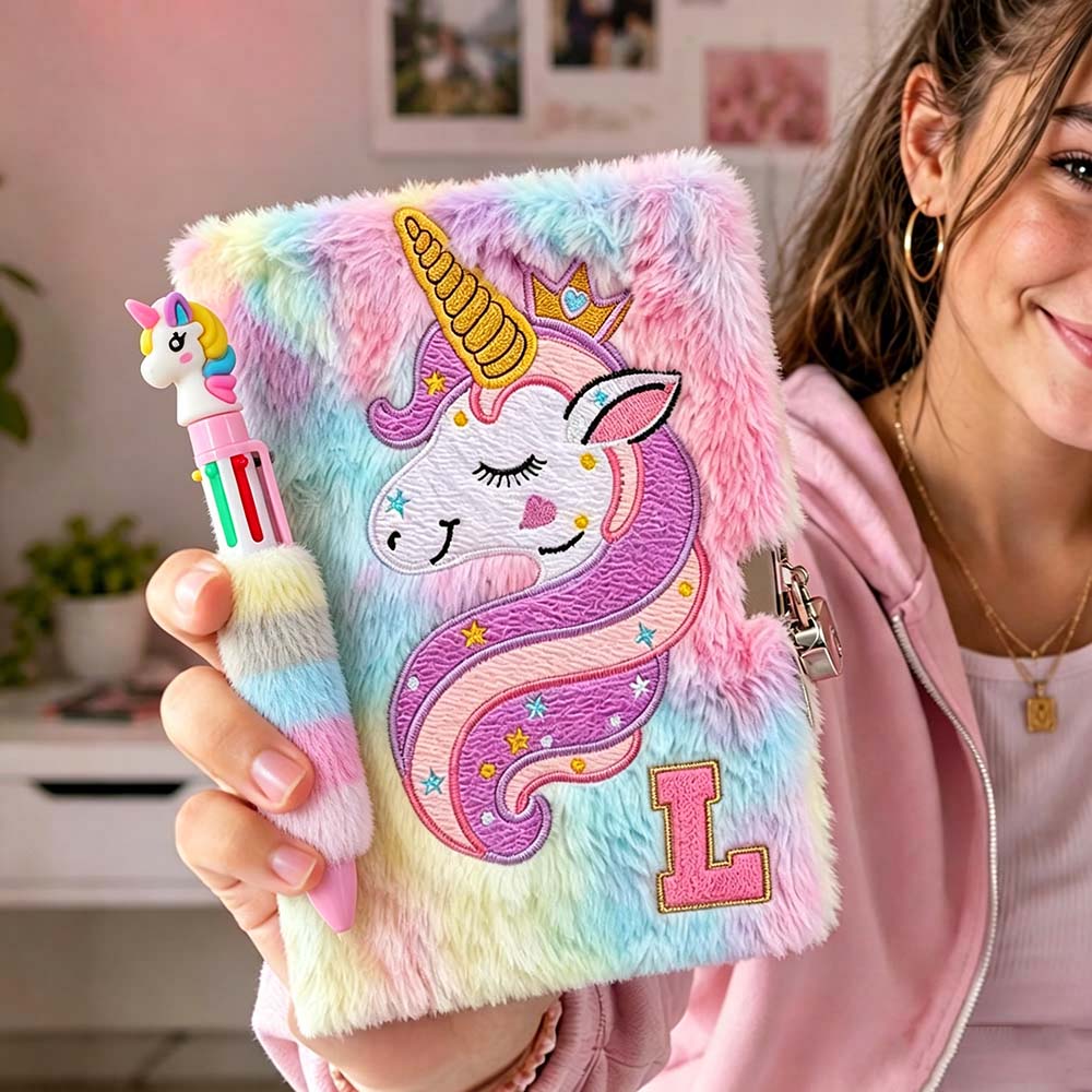Personalised Chenille Patch Unicorn Fluffy Diary and Pen Set | CWToy196