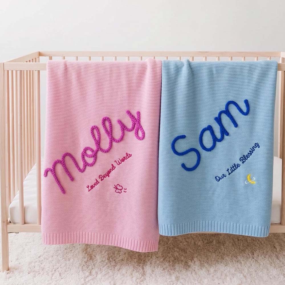 Personalized Hand Embroidered Knit Blanket for Baby | CWBaby512