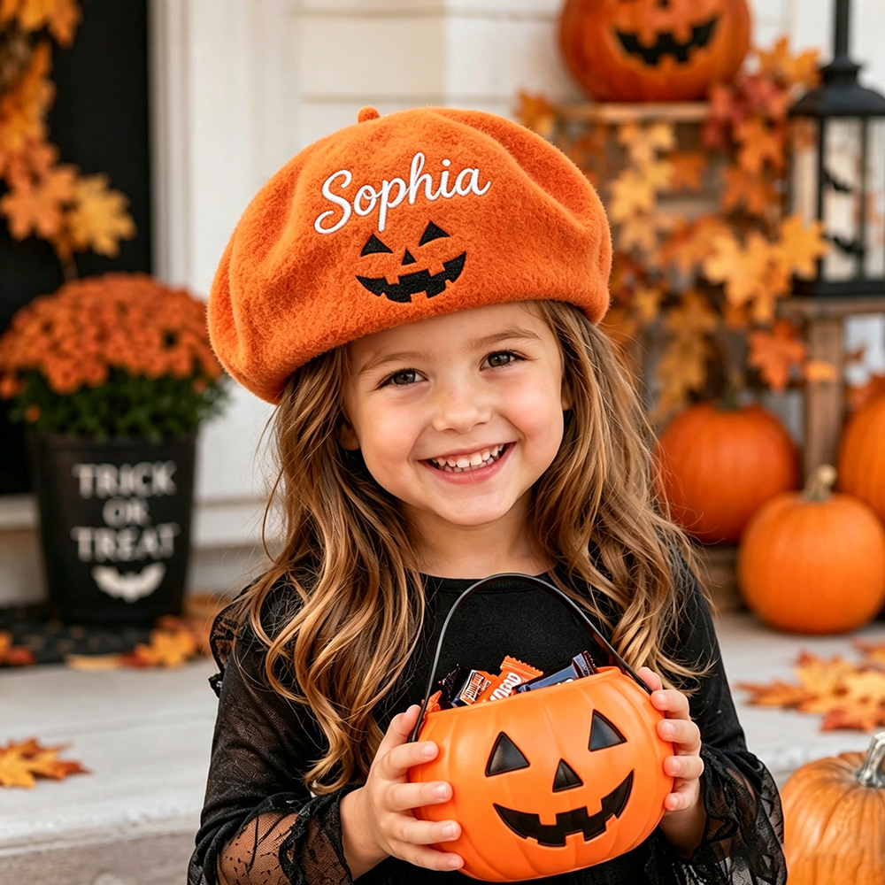 Personalized Embroidery Adjustable Halloween Pumpkin Beret | CWHalloween115
