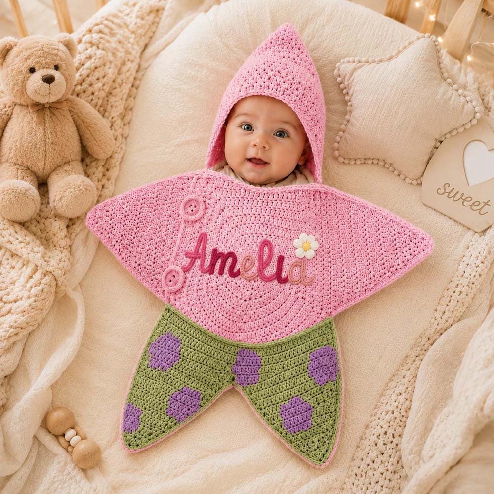 Personalized Hand Embroidered Hooded Crochet Star Baby Outfit | CWBaby524