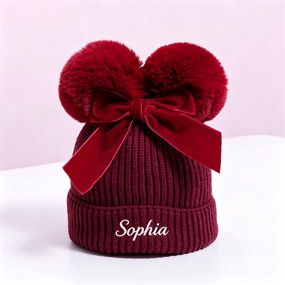 Personalized Embroidered Baby Pom Pom Hat with Bow | HSKid85