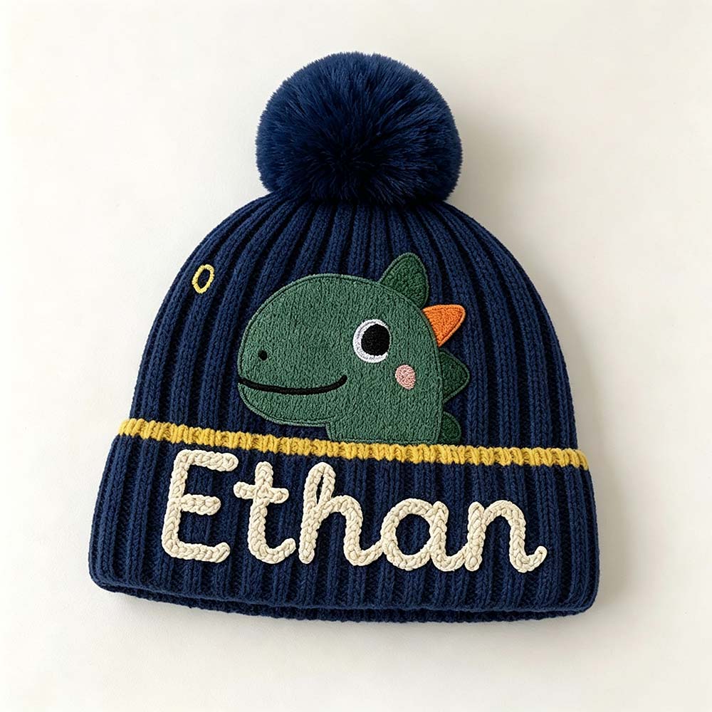Personalized Hand Embroidery Cartoon Animal Pom Pom Beanie WinterHat | HSKid90