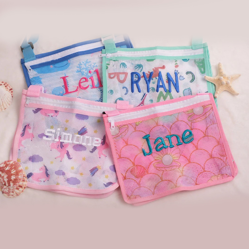 Personalized Embroidery Seashell Zipper Mesh Beach Bag | CWBeach132