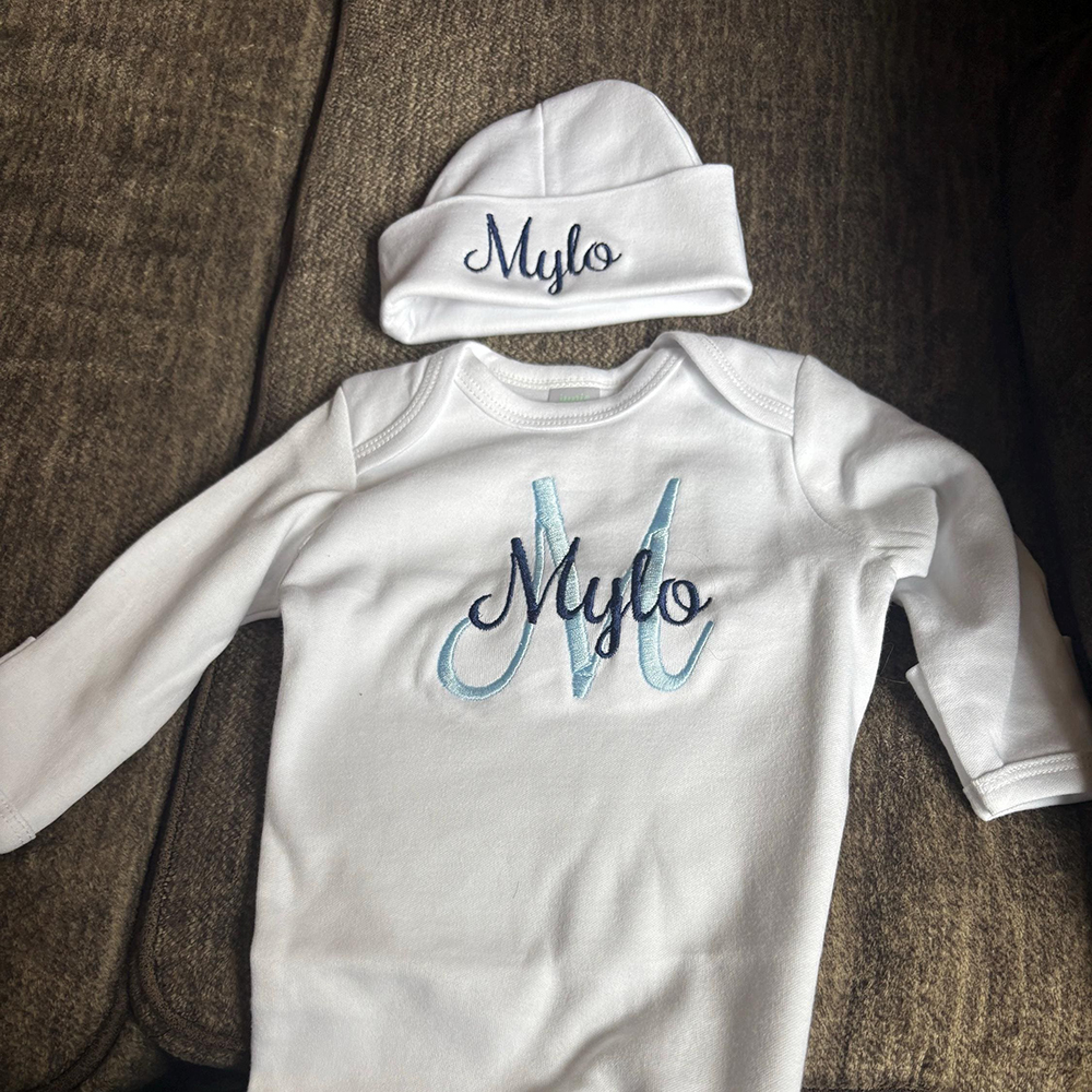 Personalized Embroidery Monograms Baby Coming Home Romper and Hat Set | CWBaby535