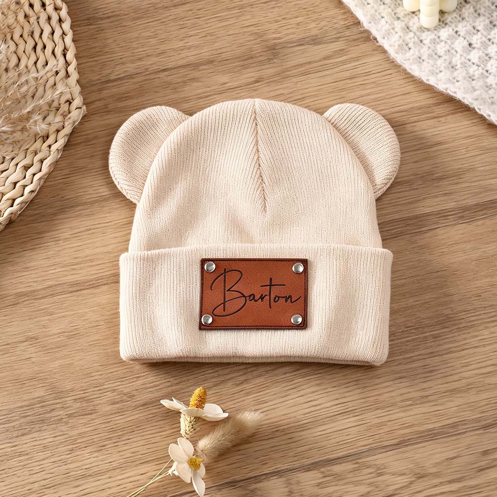 Personalized Leather Patch Kid Beanie Hat With Bear Ears | HSKid92