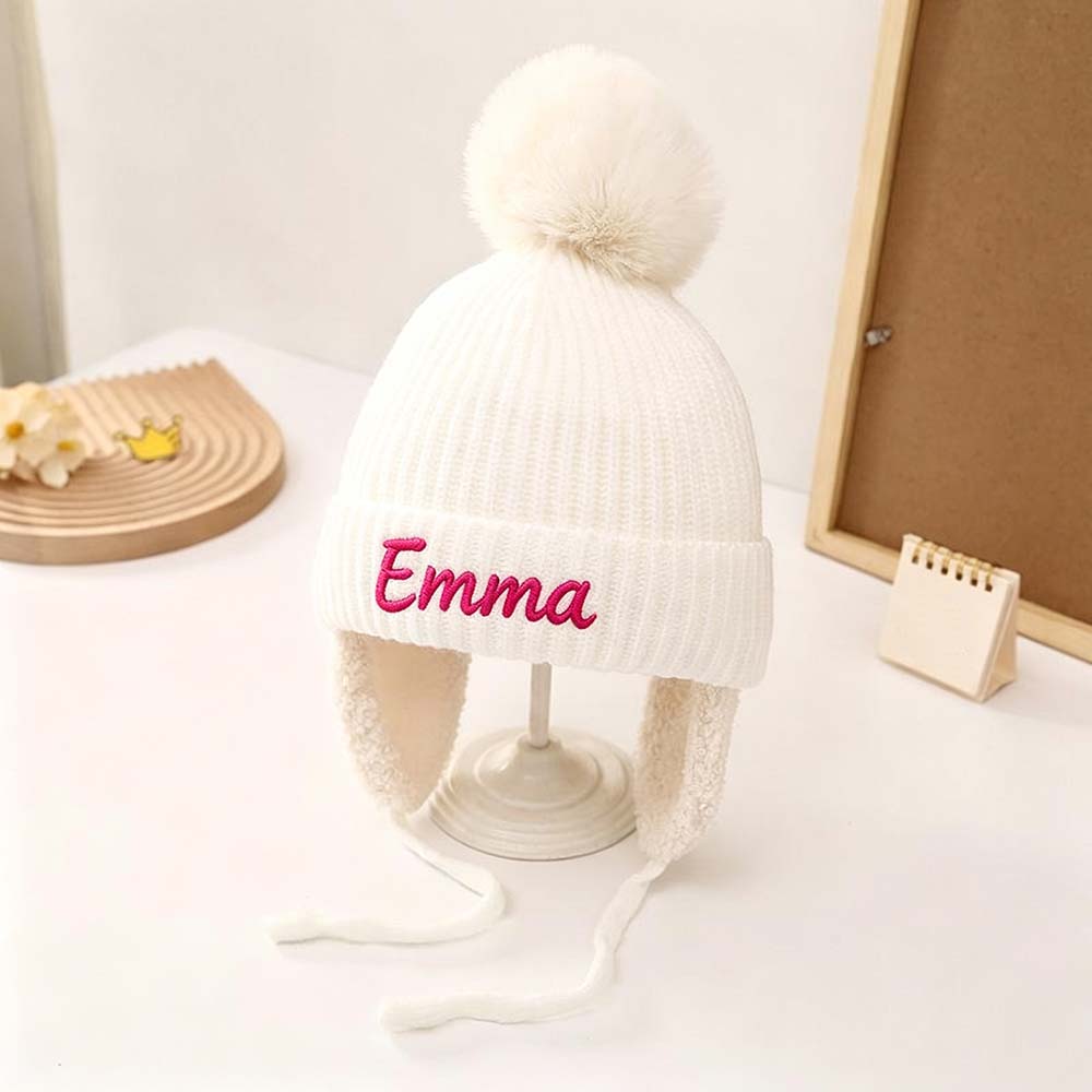 Personalized Embroidered Kids Winter Hat With Ear Flaps & Pom Pom | HSKid93