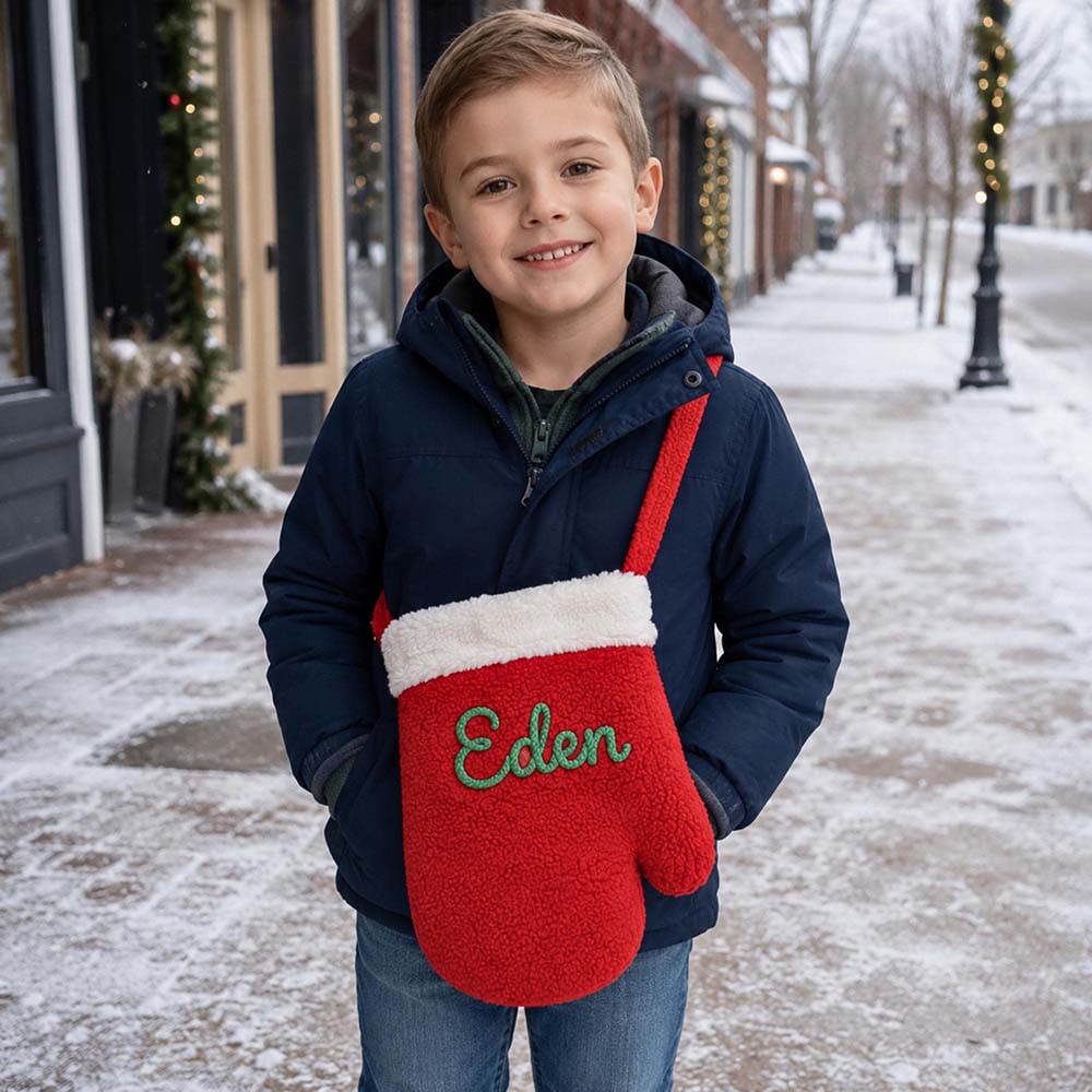 Personalized Hand Embroidered Kids Christmas Mitten Bag | MCGift387