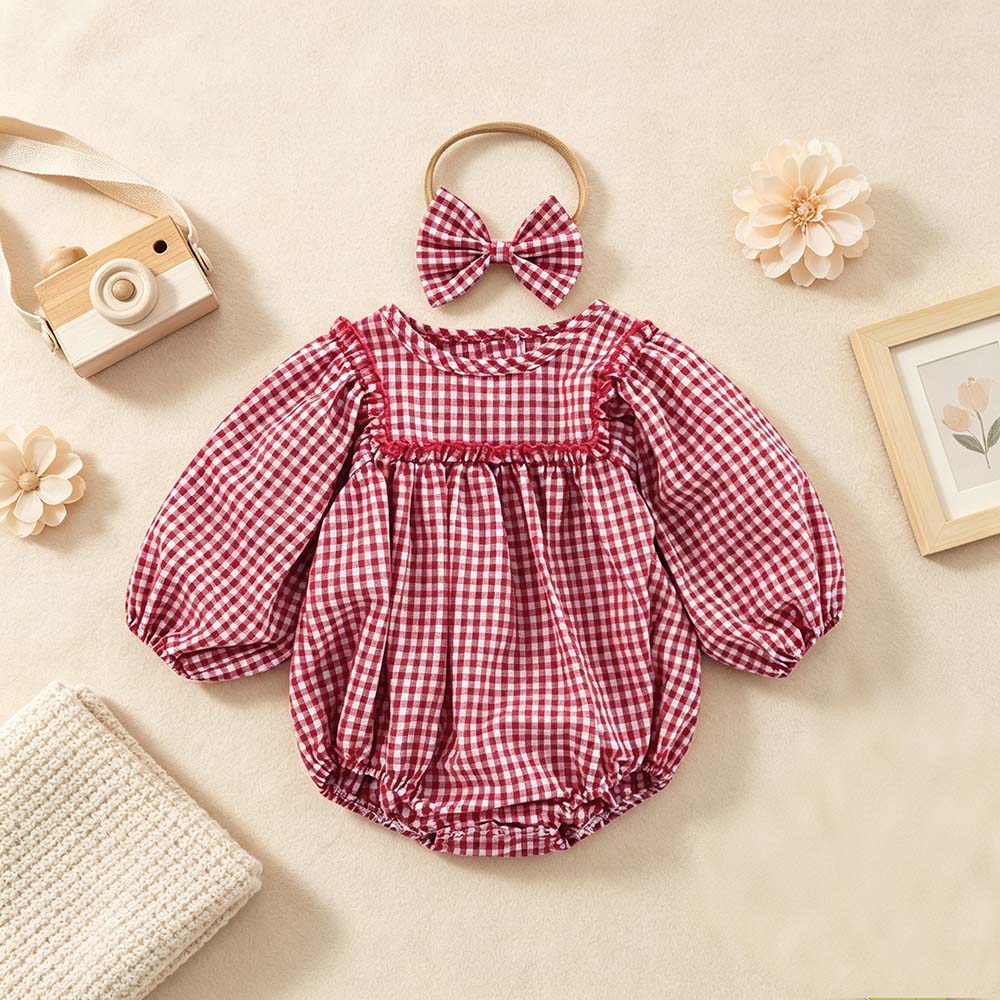 Personalized Embroidered Baby Girl Bubble Gingham Romper with Matching Bow | CWBaby533