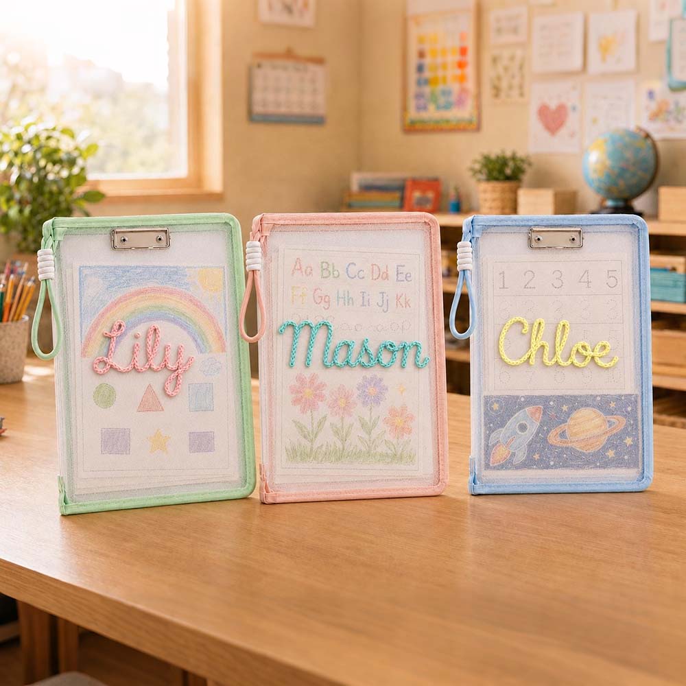 Personalized Hand Embroidered Homework Folder With Handle For Kids | CWToy207