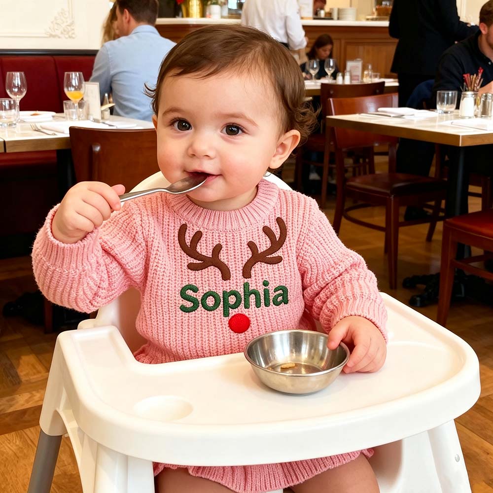 Personalized Embroidered Reindeer Baby Romper Set With Bow Headband & Socks | MCGift388
