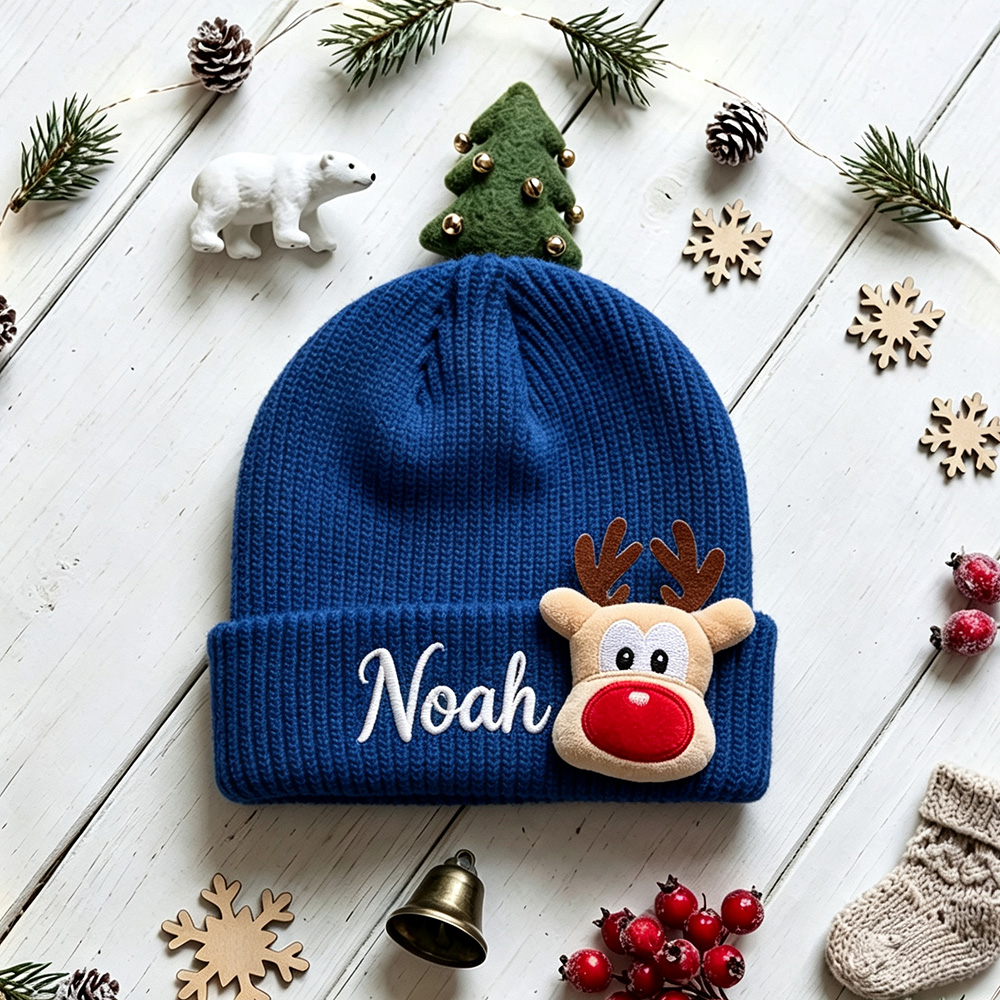 Personalized Embroided Christmas Reindeer Color Beanie | HSKid51