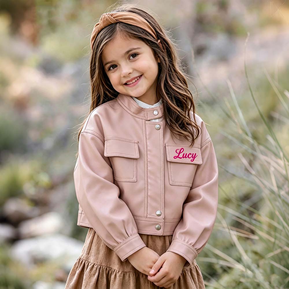 Personalized Embroidered Long-Sleeved Leather Jacket For Girls | CWBaby541