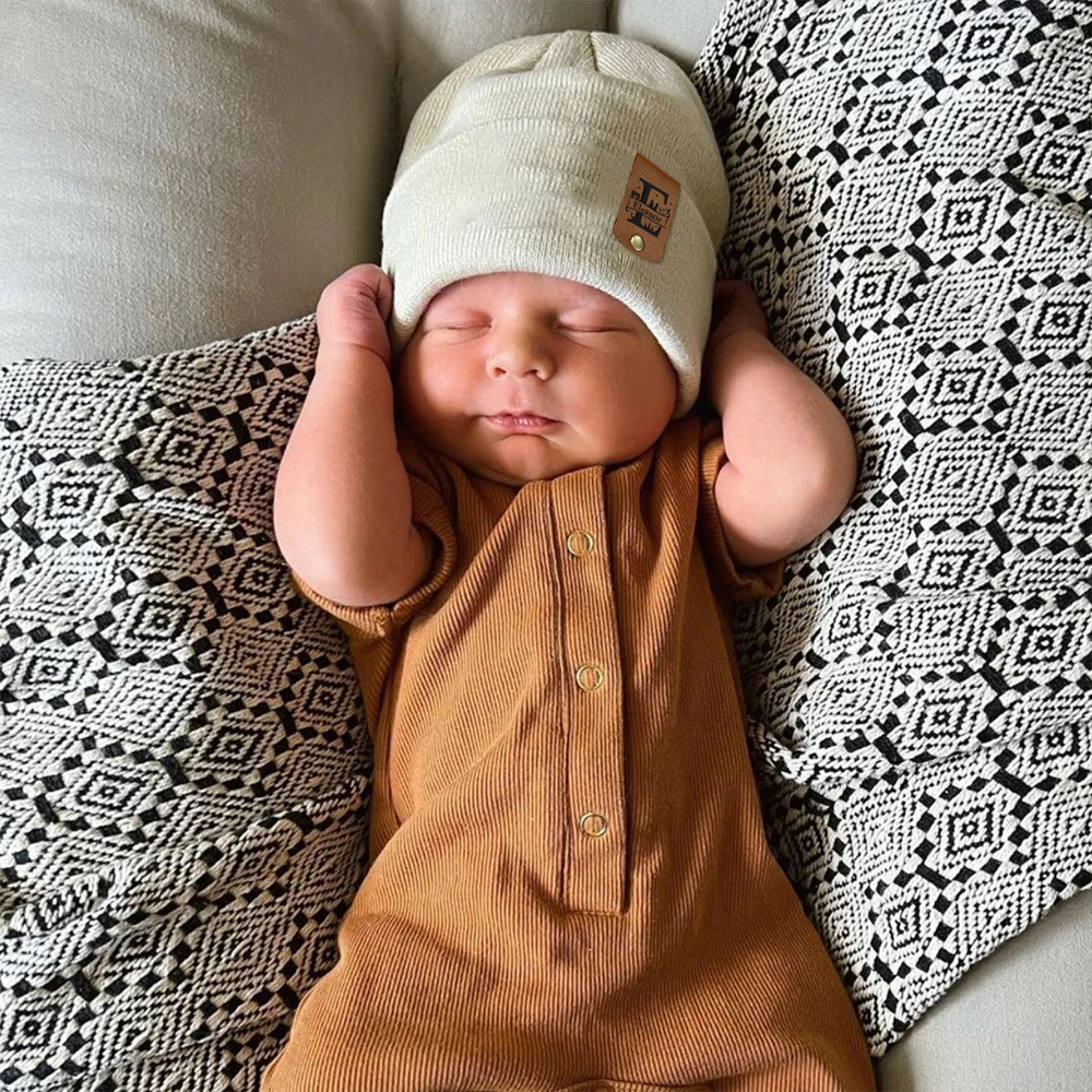 Personalized Leather Tag Infant Beanie for Comfort & Unique | HSKid31