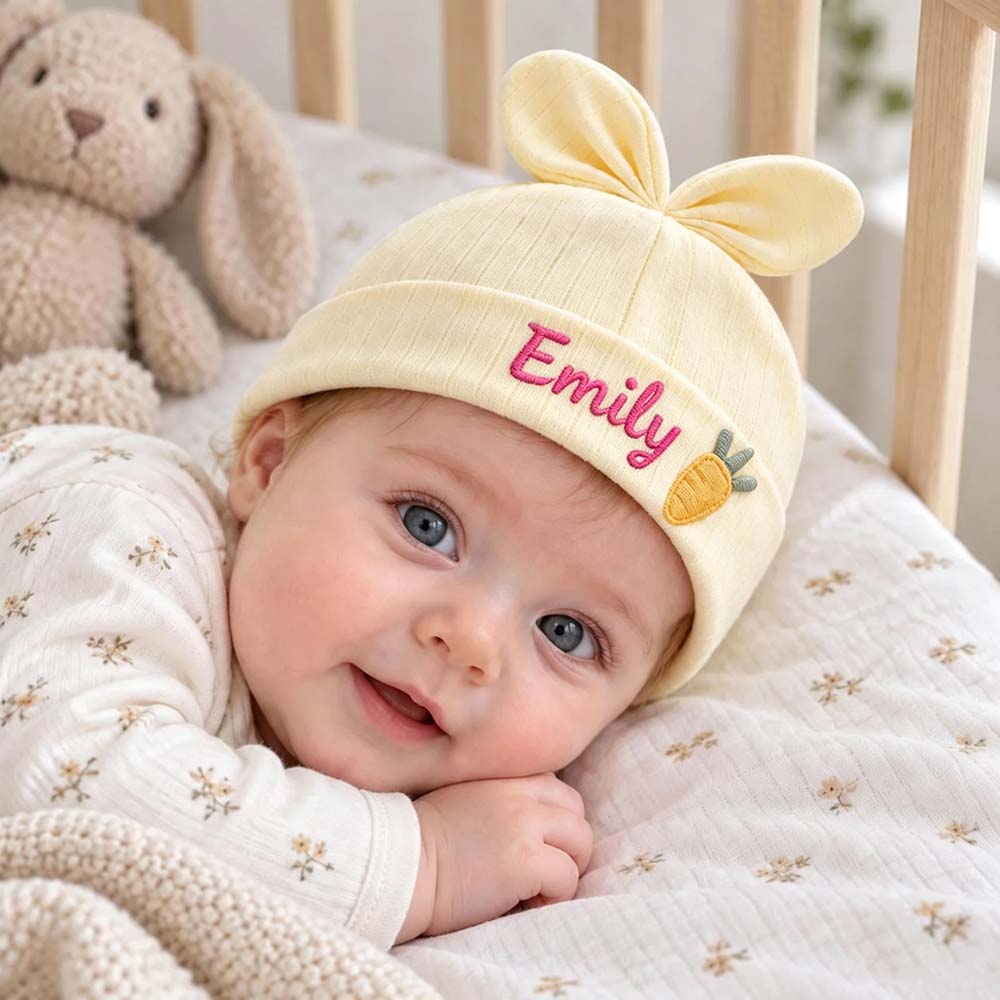 Personalized Embroidered Bunny Ears Baby Beanie Hat | HSKid108