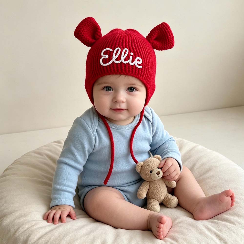 Personalized Hand Embroidered Bear Ears Baby Knit Beanie Hat | CWBaby563