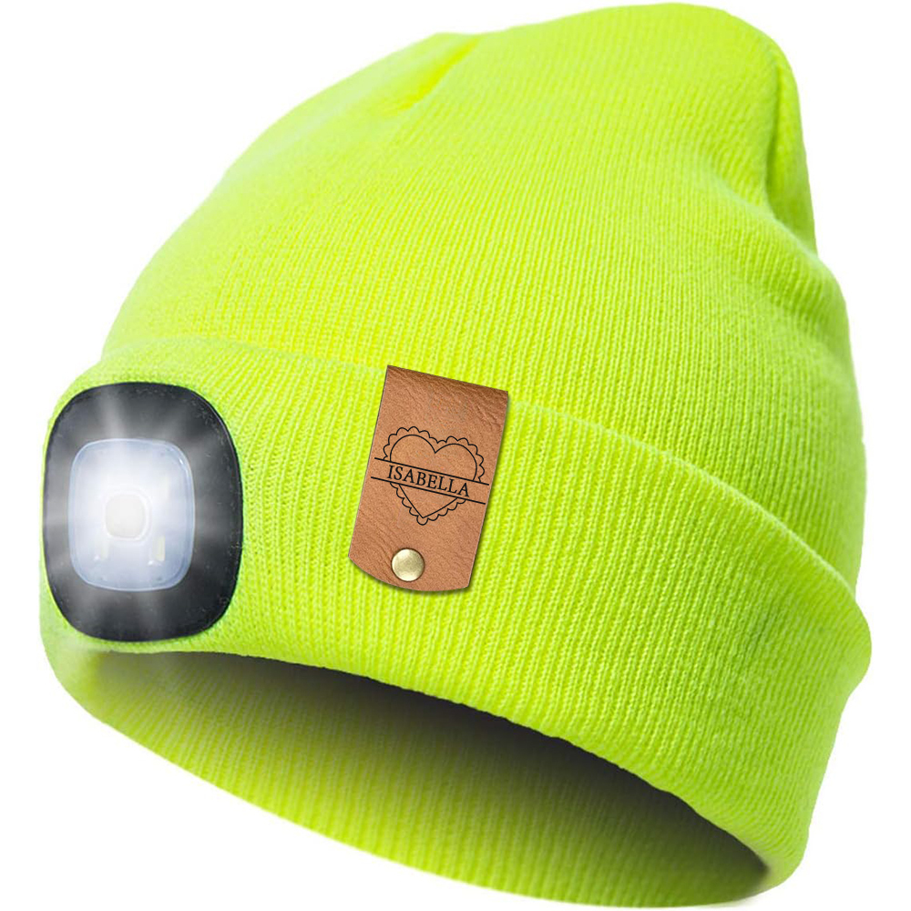Personalized Kids Leather Tag Beanie with Headlamp | HSKid32