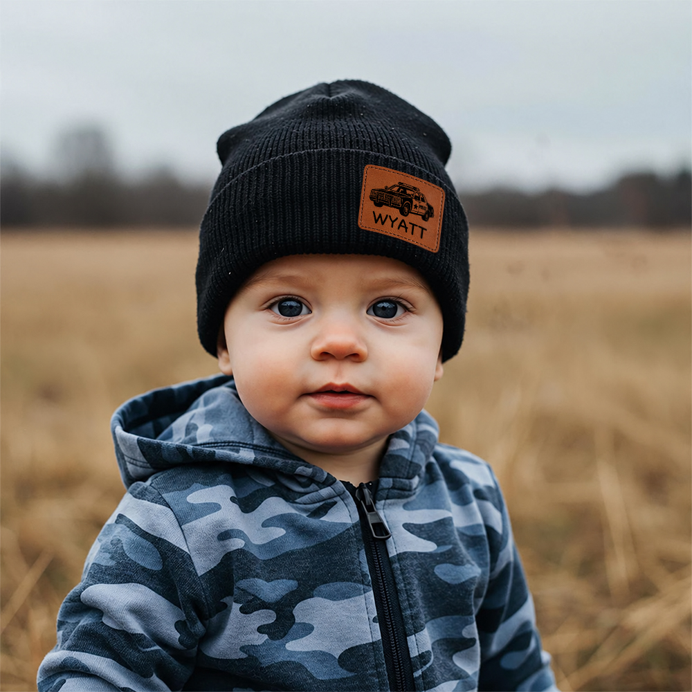 Personalized Kids Dinosaur & Excavator Leather Patch Beanie Hat | HSKid100