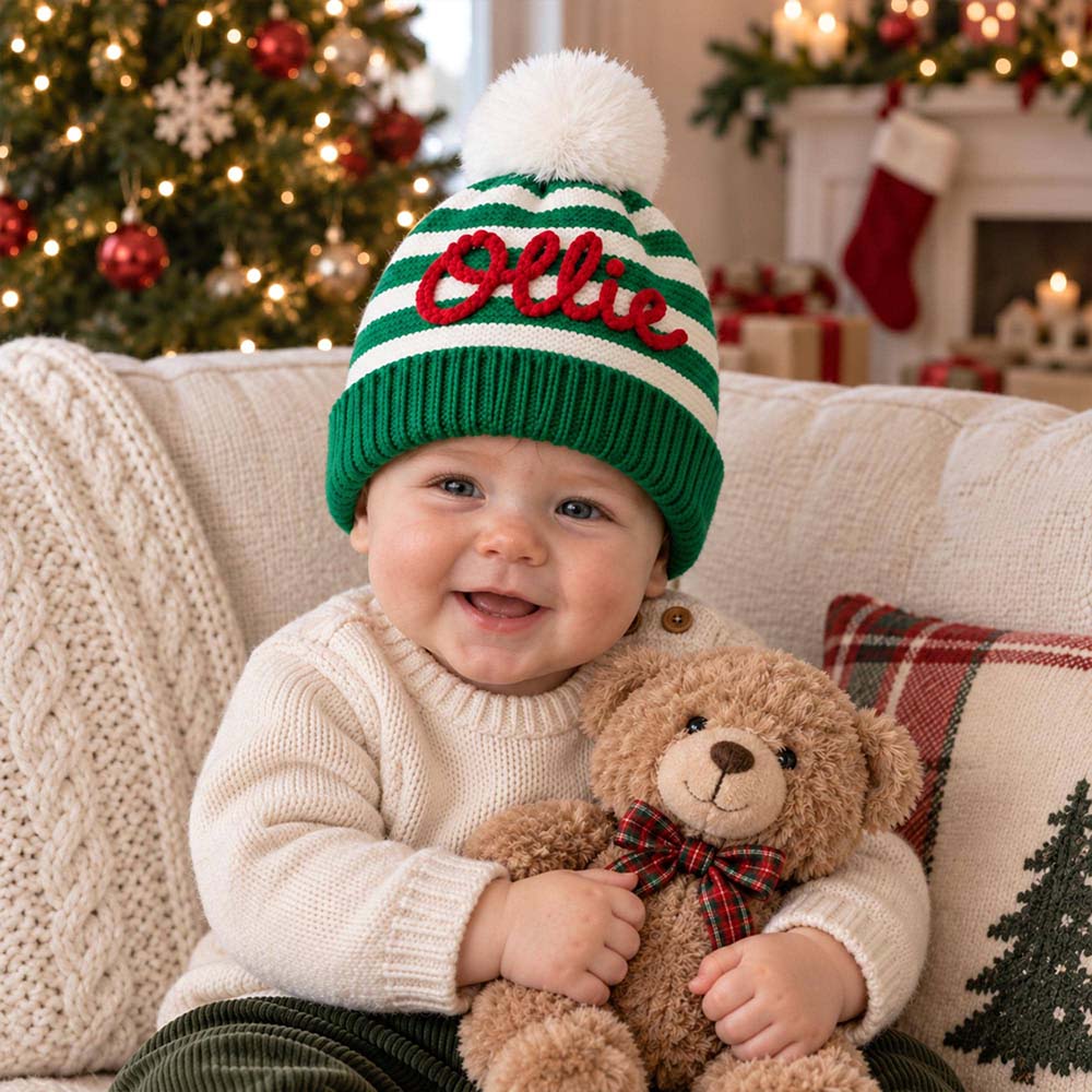 Personalized Hand Embroidery Kids Stripe Pom Pom Beanie Hat | MCGift441