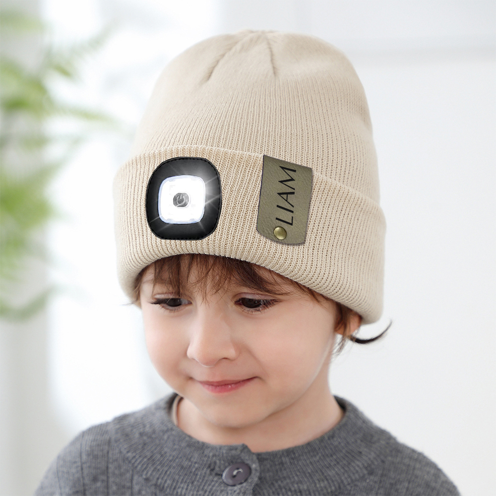 Personalized Kids Leather Tag Beanie with Headlamp | HSKid32