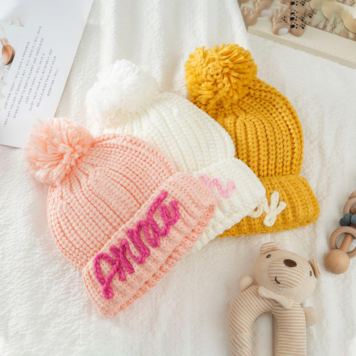 Personalized Hand Embroidery Pom Pom Beanie| HSKid44