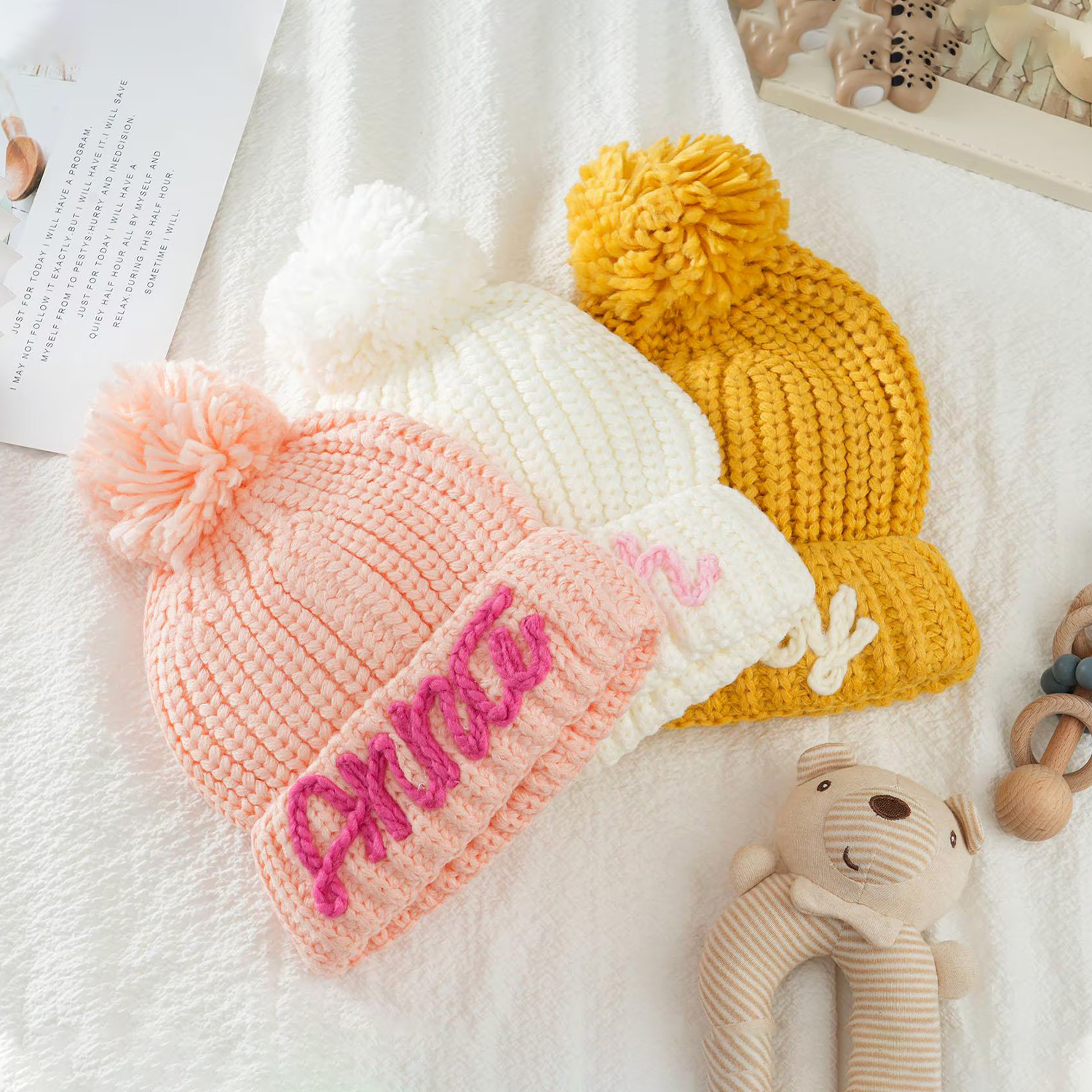 Personalized Hand Embroidery Pom Pom Beanie| HSKid44
