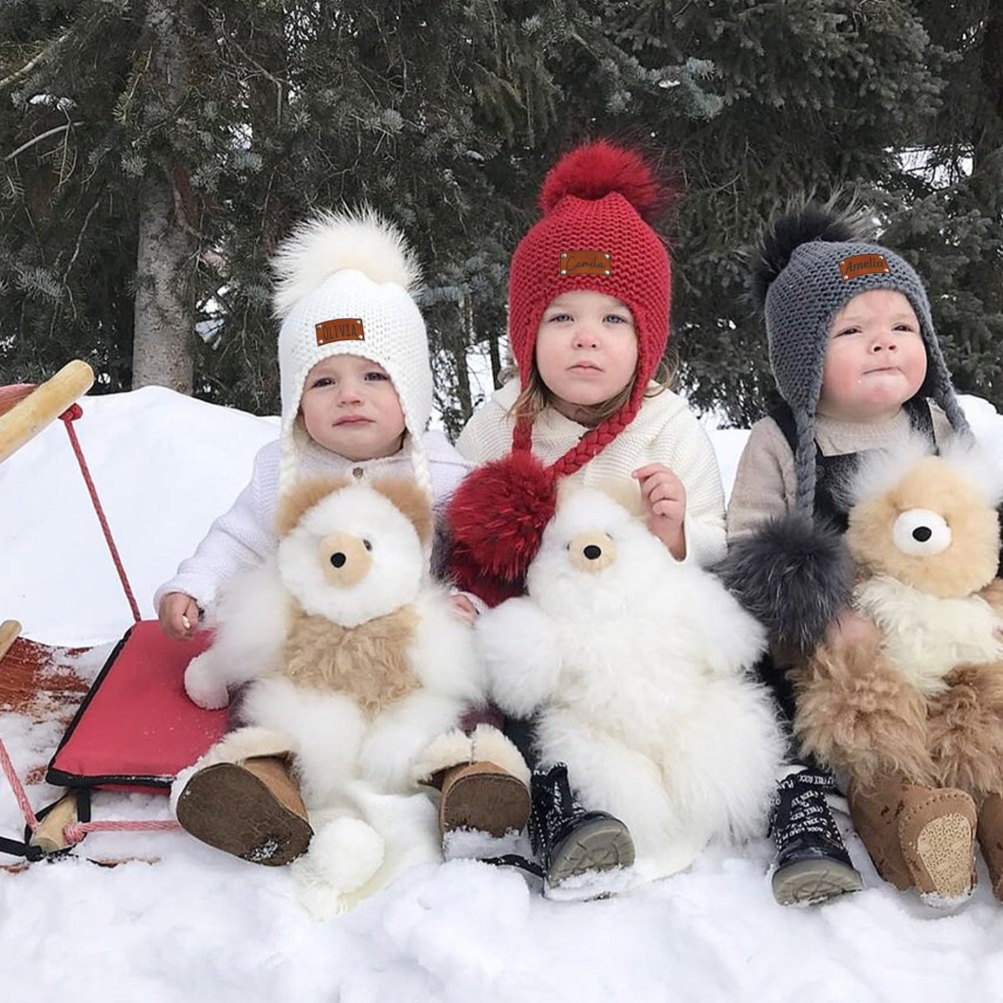 Personalized Leather Patch  Pom Pom Knit Hat With Tassels | HSKid46