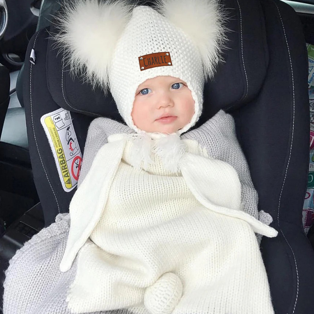 Personalized Leather Patch Pom Pom Knit Hat With Tassels | HSKid47