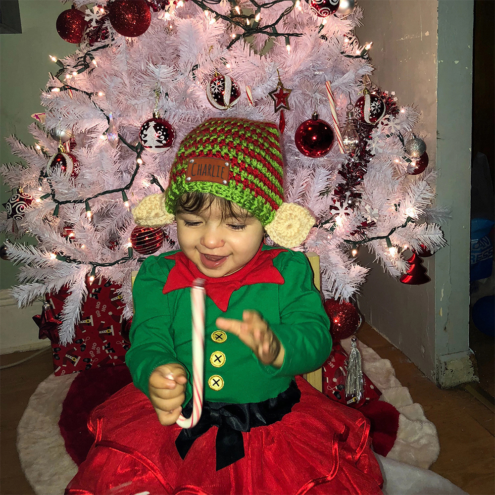 Personalized Crochet Leather Patch Christmas Elf Hat With Ears | MCGift70