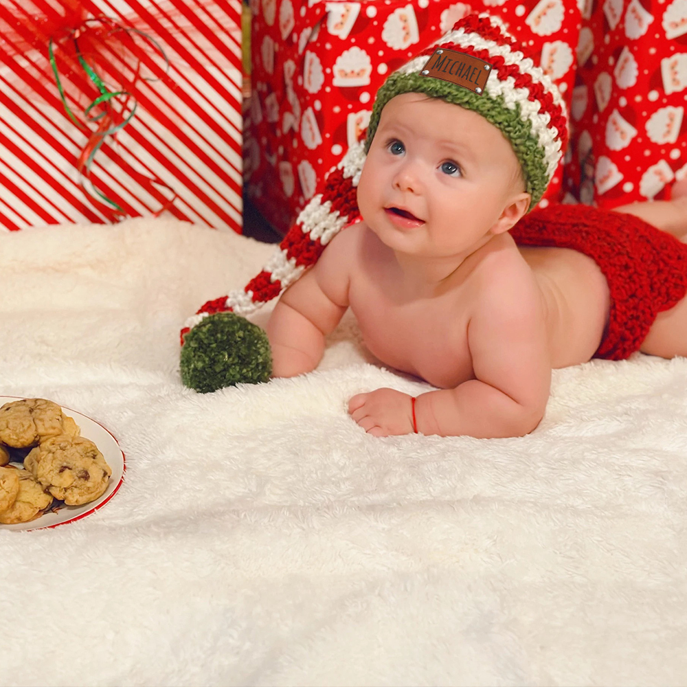 Personalized Leather Patch Christmas Elf Long Tail Hat | MCGift71