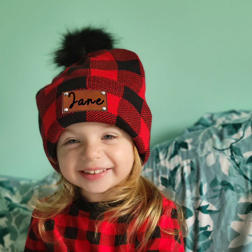 Personalized Leather Patch Pom Pom Hat for Comfort & Unique | HSKid53