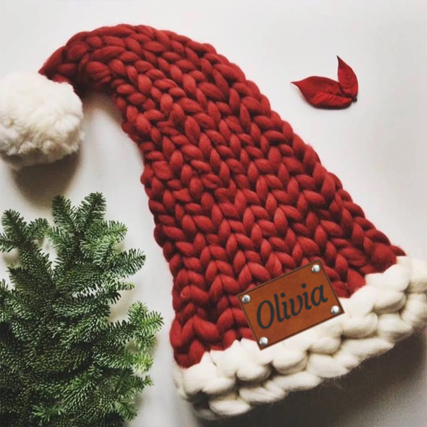 Personalized Leather Patch Chunky Knit Oversized Christmas Hat | MCGift97