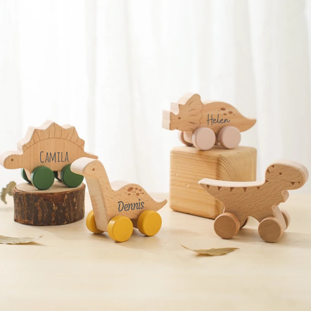 Personalized Natural Wooden Early Education Dinosaur Cars Toy Trolley | CWToy103
