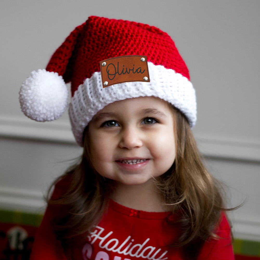 Personalized Leather Patch Crochet Christmas Santa Hat | MCGift98