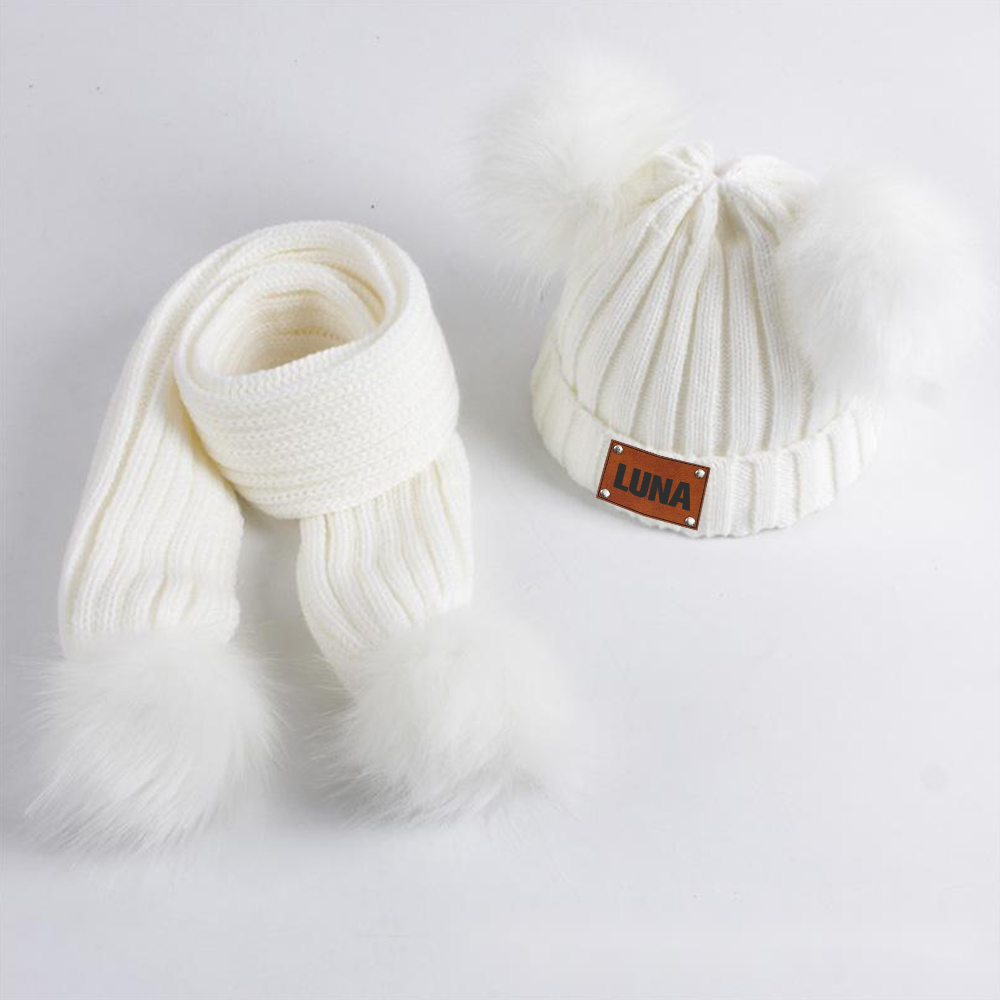 Personalized Leather Patch Kid Pom Pom Hat and Scarf | HSKid0101