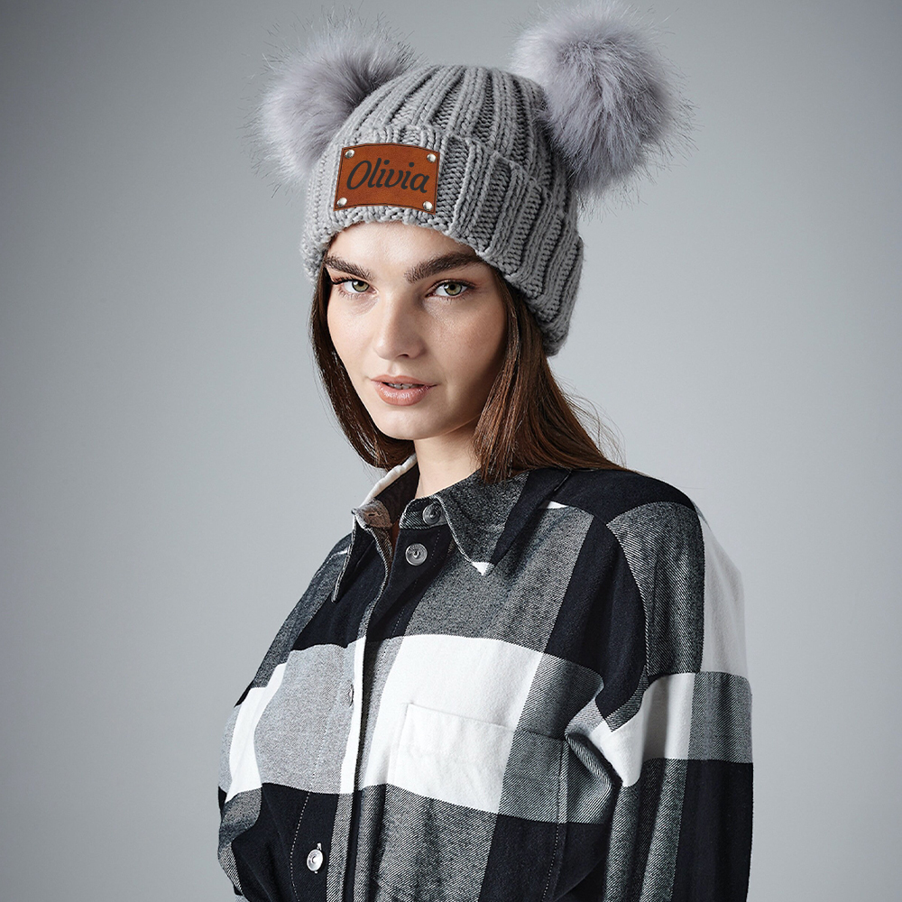 Personalized Leather Patch Kid Pom Pom Hat and Scarf | HSKid0101