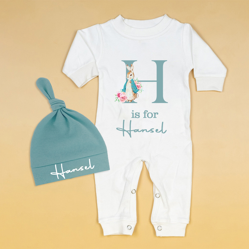 Personalized Baby Bunny Monogram Ropmer and Hat Set | CWBaby140