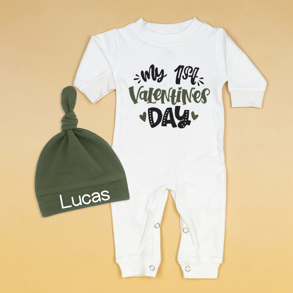 Personalized Baby First Valentine Ropmer and Hat Set | CWBaby145