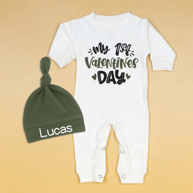 Personalized Baby First Valentine Ropmer and Hat Set | CWBaby145