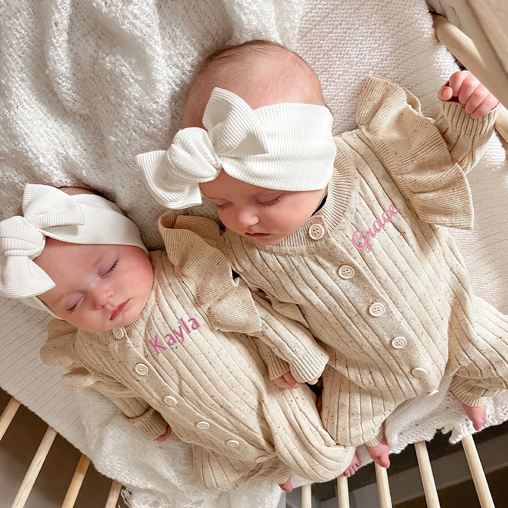 Personalised Embroidery Baby Ruffle Knit Romper | CWBaby149
