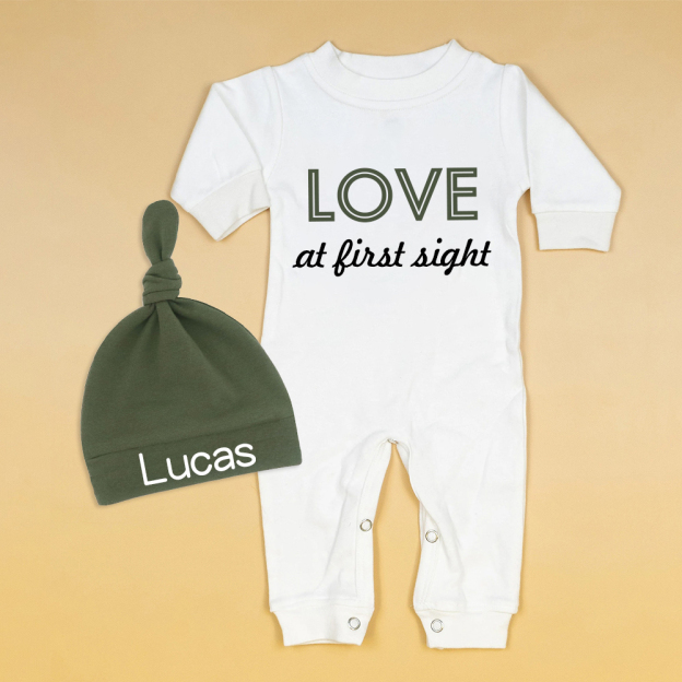 Personalized Baby First Valentine Ropmer and Hat Set | CWBaby146