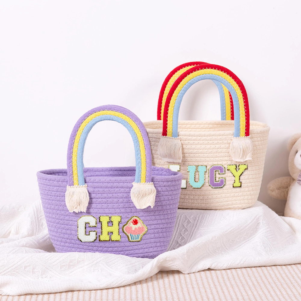 Personalized Kids Chenille Patch Cotton Rope Woven Tote Bag | CWBeach15401