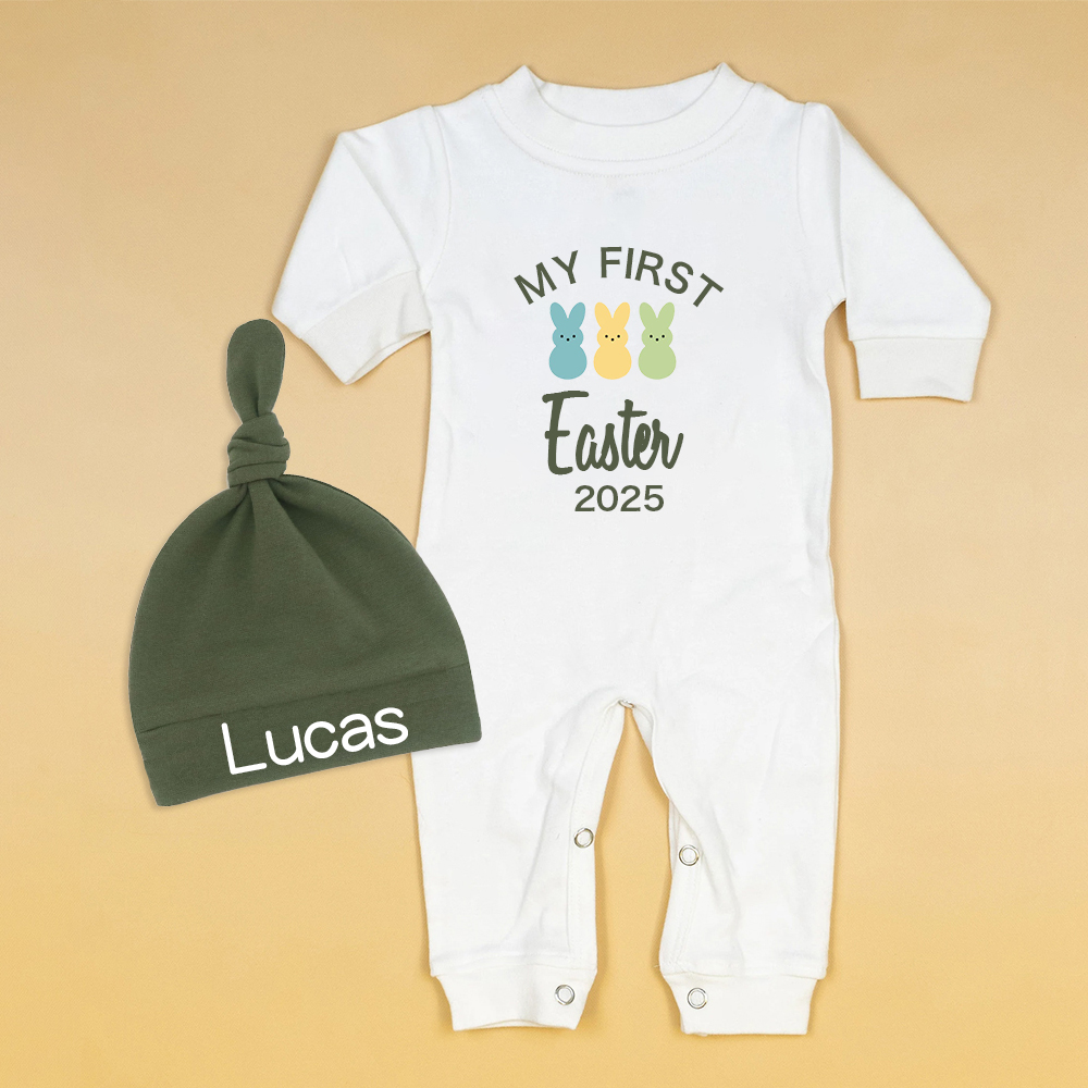 Personalized Baby Lovely First Easter Ropmer and Hat Set | CWBaby181