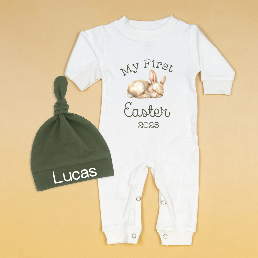 Personalized Baby First Easter Bunny Ropmer and Hat Set | CWBaby183